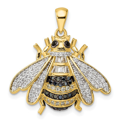 Sterling Silver Blk/White RH-plated Gold-tone CZ Bumblebee Pendant