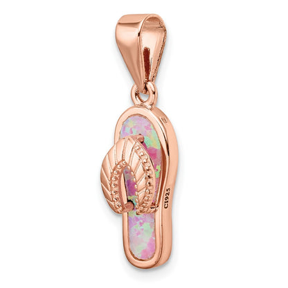 Sterling Silver Rose-tone Polished Pink Created Opal Inlay Flip Flop Pendan
