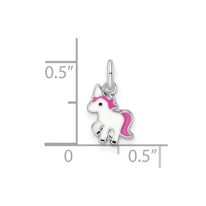 Sterling Silver Rhodium-plated Pink, White & Black Enameled Unicorn Children's Pendant