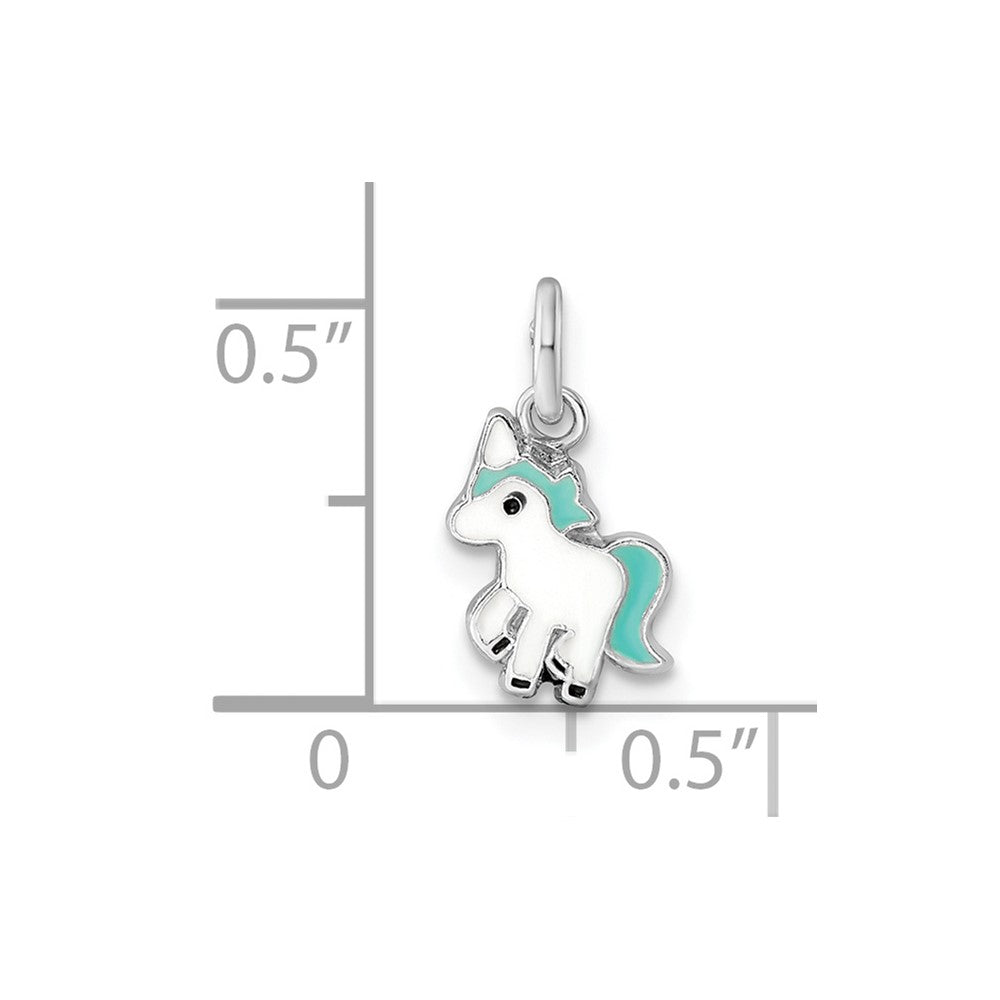 Sterling Silver Rhodium-plated Blue, White & Black Enameled Unicorn Children's Pendant