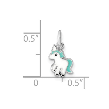 Sterling Silver Rhodium-plated Blue, White & Black Enameled Unicorn Children's Pendant