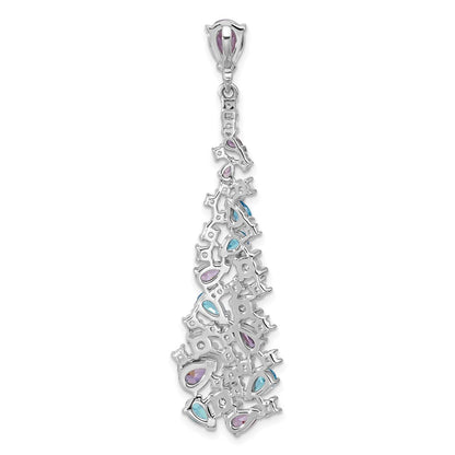 Sterling Silver Rh-plated Polished White/Blue/Purple CZ Teardrop Pendant