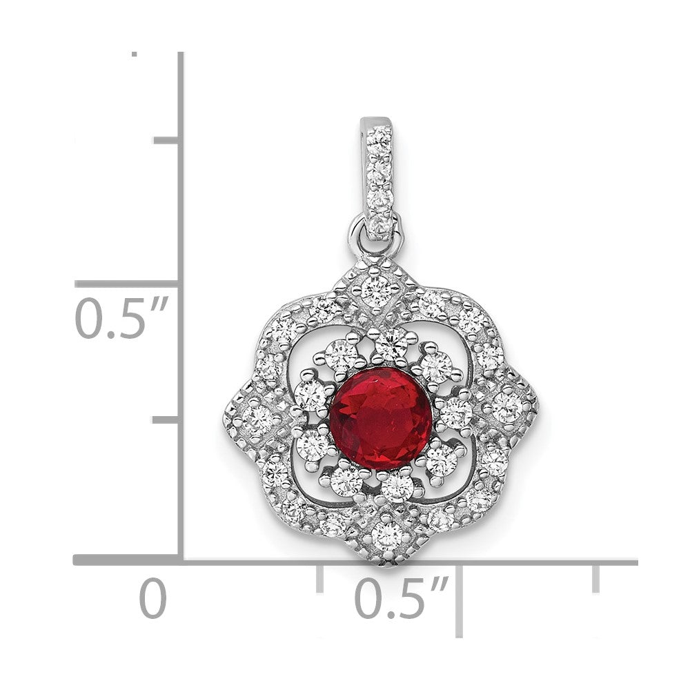 Sterling Silver RH-plated Red Glass & Clear CZ Fancy Vintage Pendant