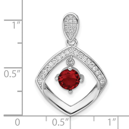 Sterling Silver RH-plated Red Glass & Clear CZ Fancy Square Pendant