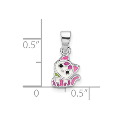 Sterling Silver Rhod-plated Multi-color Enameled Cat Children's Pendant