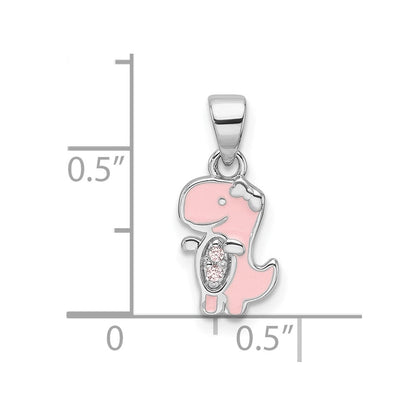 Sterling Silver RH-plated Pink Enamel & CZ Dinosaur Children's Pendant
