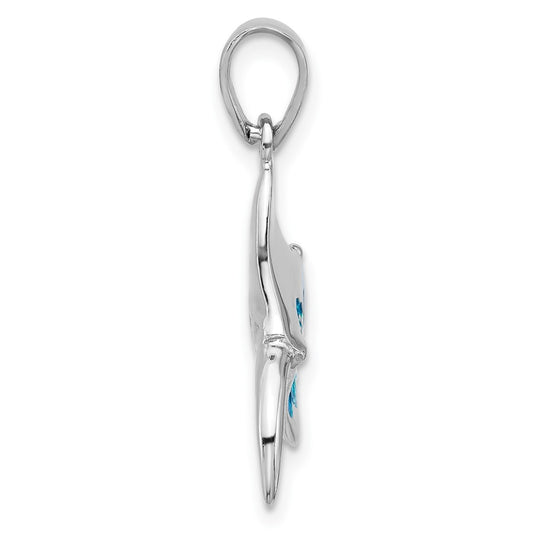 Sterling Silver Rhodium-plated Polished Blue Enamel Stingray Pendant