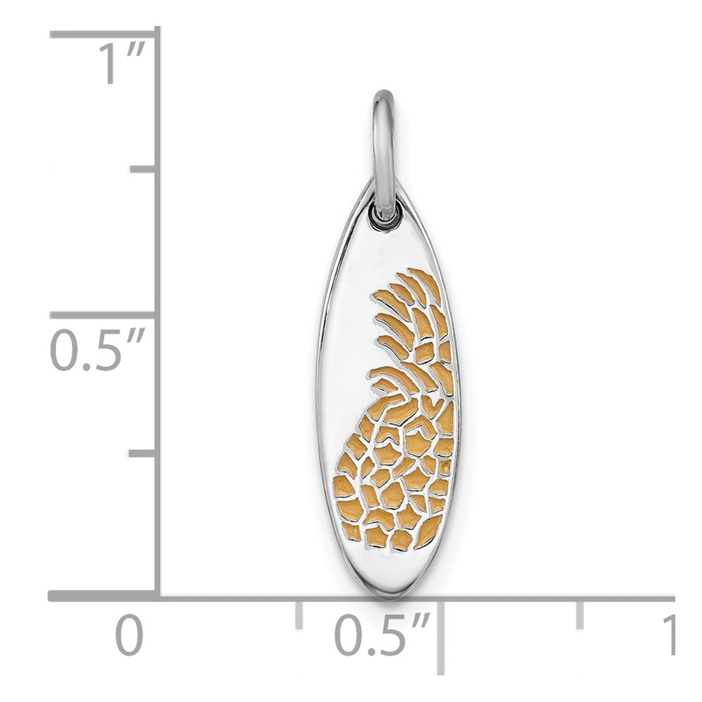 Sterling Silver Rhodium-plated Yellow Enamel Pineapple Surfboard Pendant