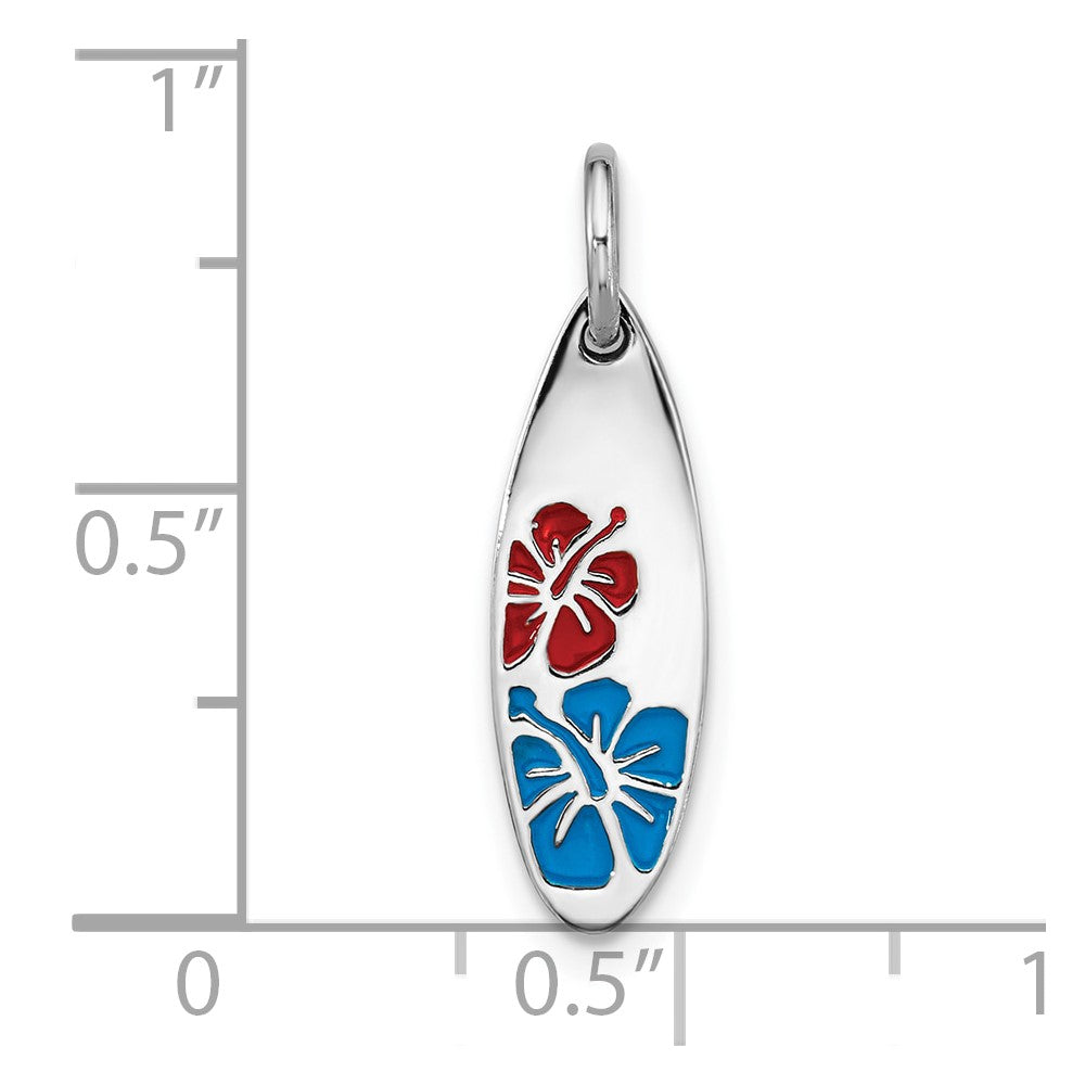 Sterling Silver Rhodium-plated Polished Enamel Flower Surfboard Pendant