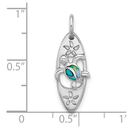 Sterling Silver Rhodium-plated Polished Paua Shell Turtle Surfboard Pendant