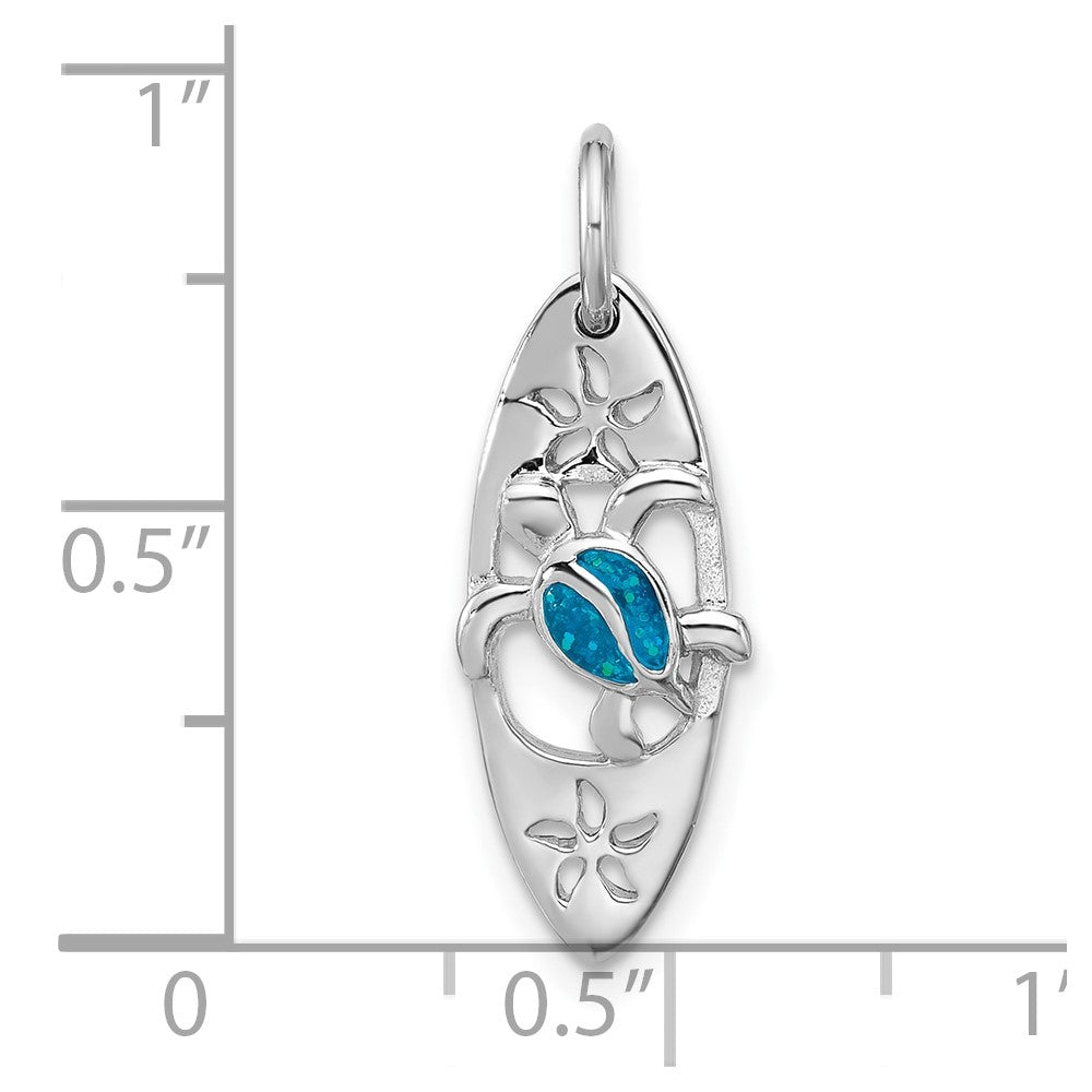 Sterling Silver Rhodium-plated Polished Blue Enamel Turtle Surfboard Pendant