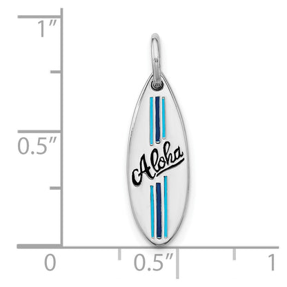 Sterling Silver Rhodium-plated Polished Blue and Black Enamel Aloha Surfboard Pendant