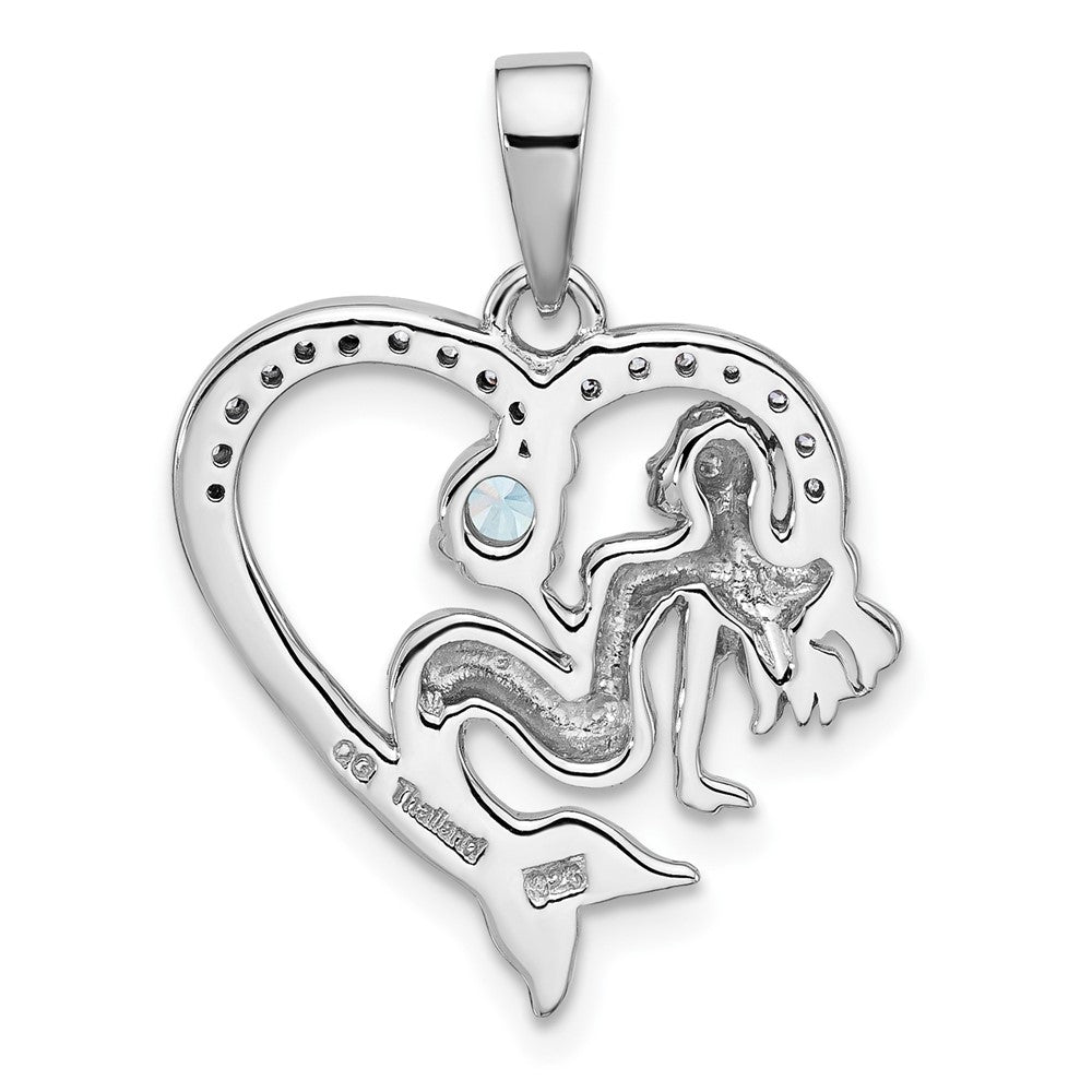 Sterling Silver Rhodium-plated Polished and Antiqued Blue CZ Mermaid Heart Pendant