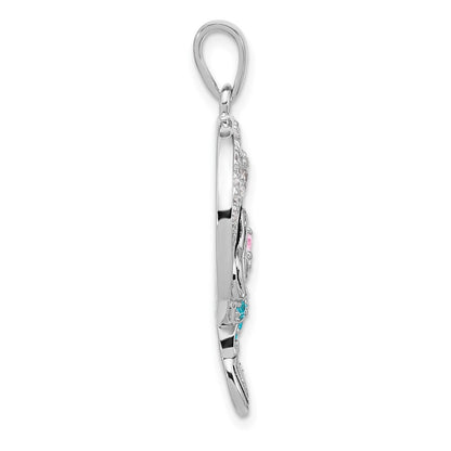 Sterling Silver Rhodium-plated Polished and Antiqued White Pink and Blue CZ Round Mermaid Pendant