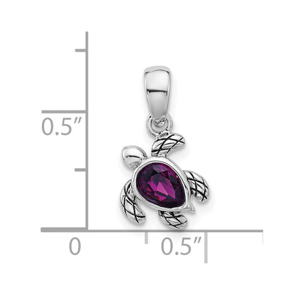 Sterling Silver Rhodium-plated Polished and Antiqued Crystal February Birthstone Turtle Pendant