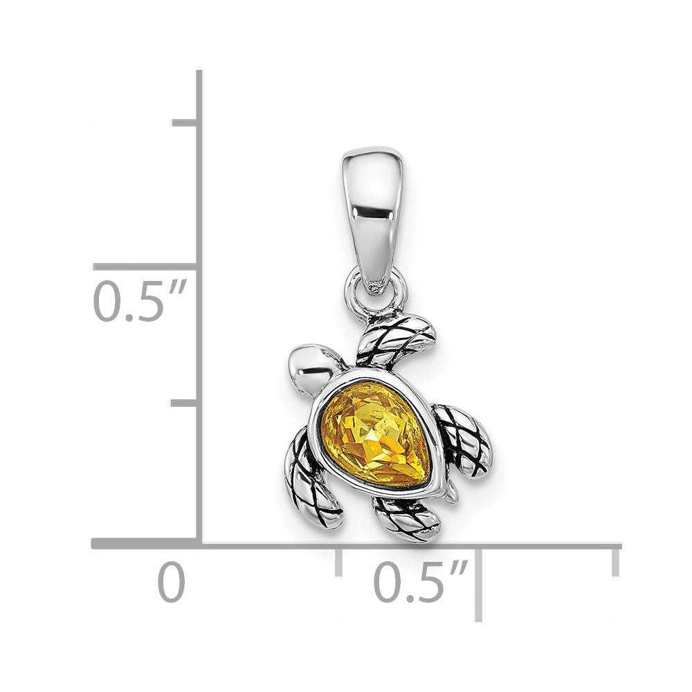 Sterling Silver Rhodium-plated Polished and Antiqued Crystal November Birthstone Turtle Pendant