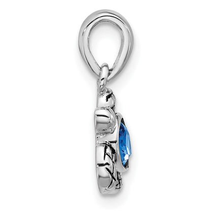 Sterling Silver Rhodium-plated Polished and Antiqued Crystal September Birthstone Turtle Pendant