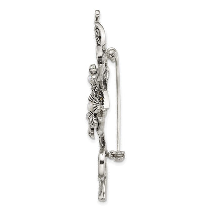 Sterling Silver Antiqued Marcasite and Freshwater Cultured Pearl with Green Epoxy Floral Pin