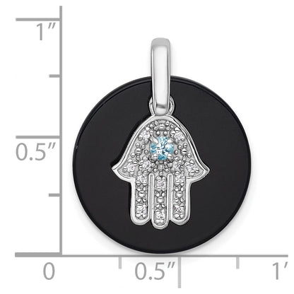 Sterling Silver Rhodium-plated Polished Onyx Circle with Light Swiss Blue Topaz and CZ Hamsa Dangle Pendant