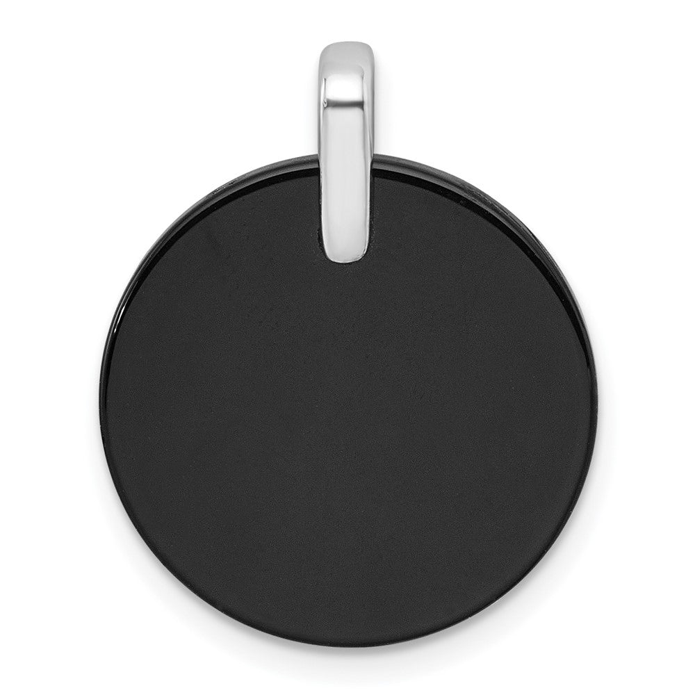 Sterling Silver Rhodium-plated Polished Onyx Circle and CZ Leaf Dangle Pendant