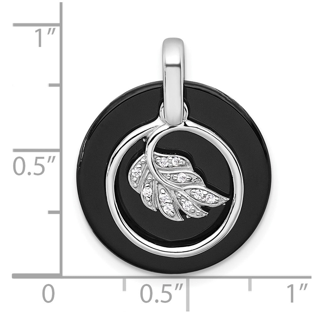 Sterling Silver Rhodium-plated Polished Onyx Circle and CZ Leaf Dangle Pendant