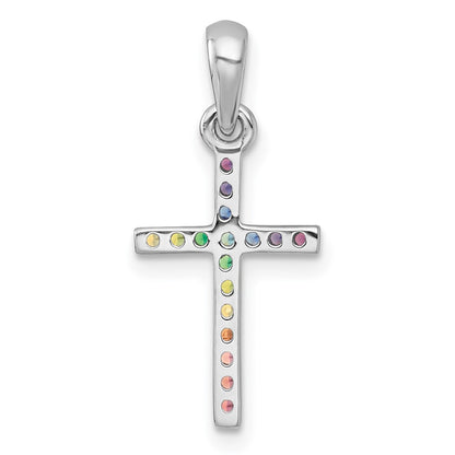 Sterling Silver Rhodium-plated Polished Rainbow Nano Crystals Childrens Cross Pendant