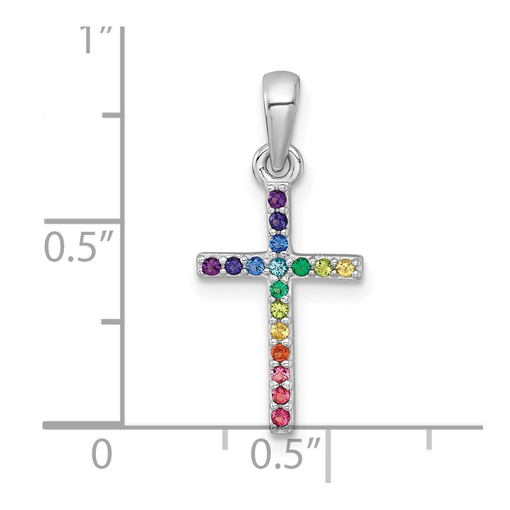 Sterling Silver Rhodium-plated Polished Rainbow Nano Crystals Childrens Cross Pendant