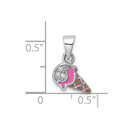 Sterling Silver Rhodium-plated Children's Pink and Brown Enamel with CZ Ice Cream Cone Pendant