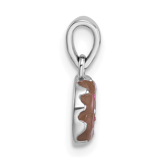 Sterling Silver Rhodium-plated Children's Brown with Pink and White Enamel Sprinkled Donut Pendant