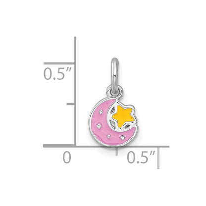 Sterling Silver Rhodium-plated Polished Pink and Yellow Enamel Moon and Star Childrens Pendant