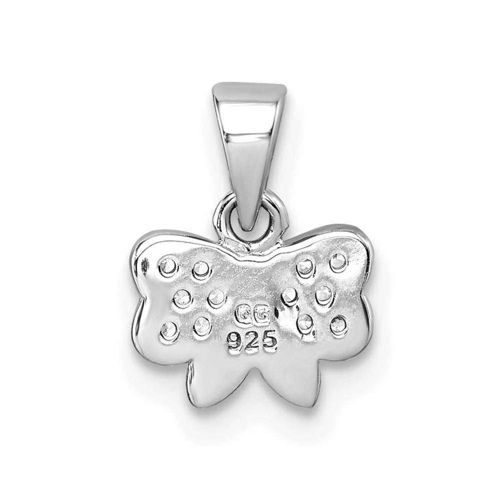 Sterling Silver Rhodium-plated Children's Pink CZ with Pink and White Enamel Bow Pendant