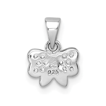 Sterling Silver Rhodium-plated Children's Pink CZ with Pink and White Enamel Bow Pendant