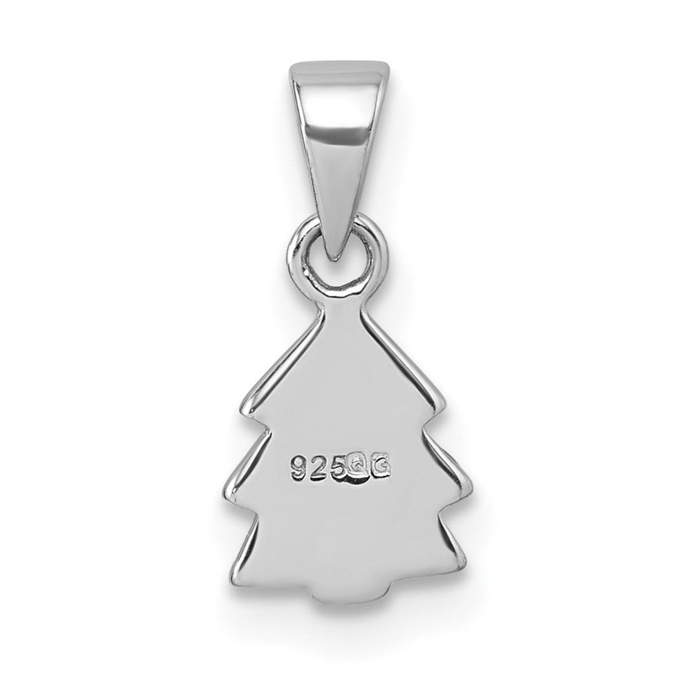 Sterling Silver Rhodium-plated Children's Green Enamel Christmas Tree with Hearts Pendant