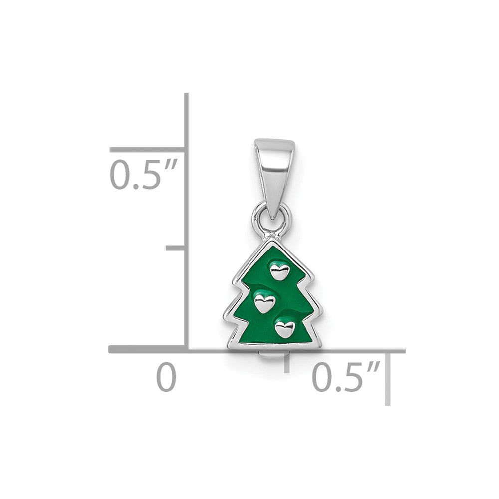 Sterling Silver Rhodium-plated Children's Green Enamel Christmas Tree with Hearts Pendant