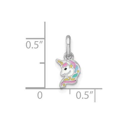 Sterling Silver Rhodium-plated Polished White and Rainbow Enamel Unicorn Head Childrens Pendant
