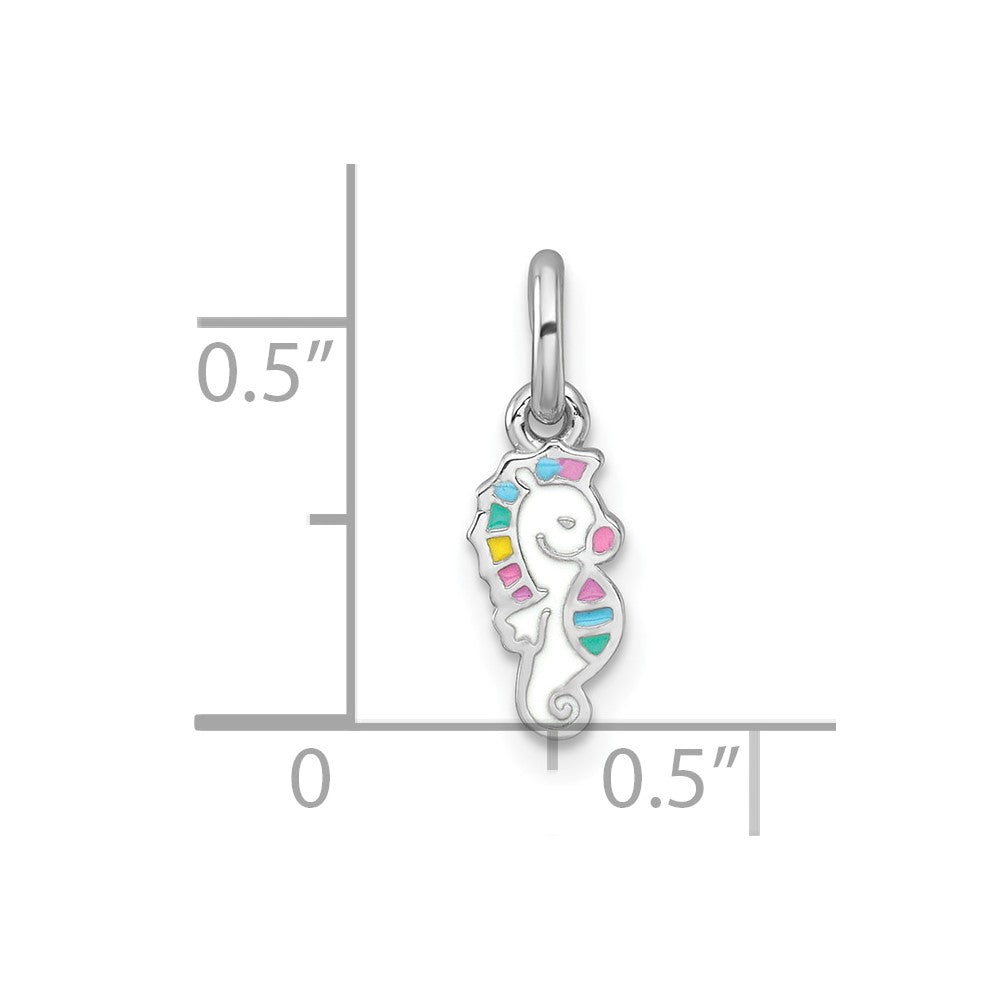 Sterling Silver Rhodium-plated Polished White and Rainbow Enamel Seahorse Childrens Pendant