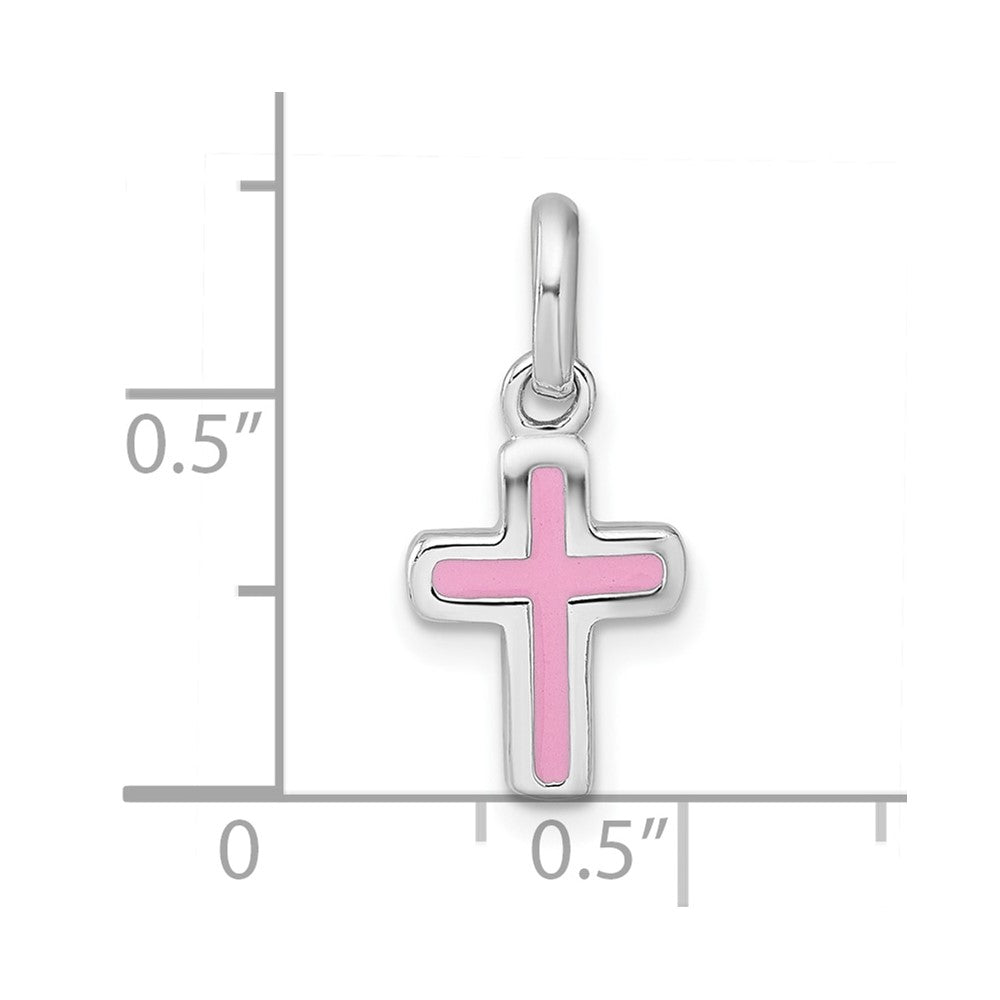 Sterling Silver Rhodium-plated Polished Pink Enamel Childrens Cross Charm Pendant
