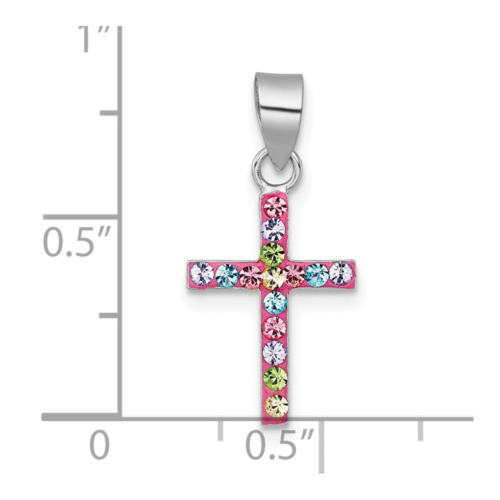 Sterling Silver Rhodium-plated Polished Pink/Blue/Green/Purple Crystal Childrens Cross Pendant