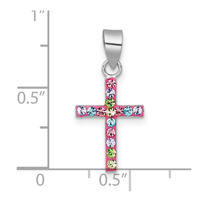 Sterling Silver Rhodium-plated Polished Pink/Blue/Green/Purple Crystal Childrens Cross Pendant