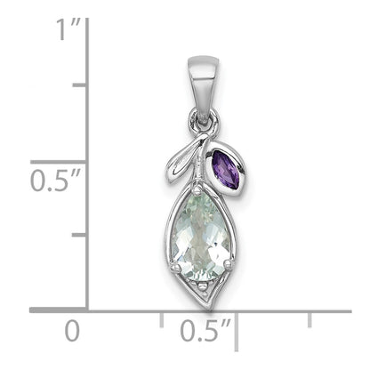 Sterling Silver Rhodium-plated Polished Amethyst and Green Quartz Leaf Pendant