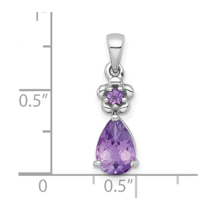 Sterling Silver Rhodium-plated Polished Amethyst Teardrop and Flower Pendant