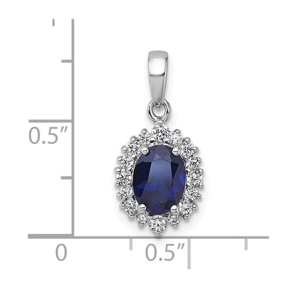 Sterling Silver Rhodium-plated Polished Lab Created Sapphire and CZ Oval Halo Pendant