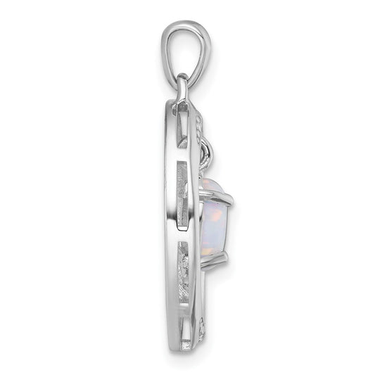 Sterling Silver Rhodium-plated Polished Fancy Lab Created Opal and White Topaz Oval Pendant
