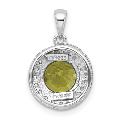 Sterling Silver Rhodium-plated Polished Checker-cut Round Peridot and White Topaz Circle Pendant