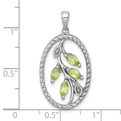 Sterling Silver Rhodium-plated Polished Peridot Leaves Twisted Oval Pendant