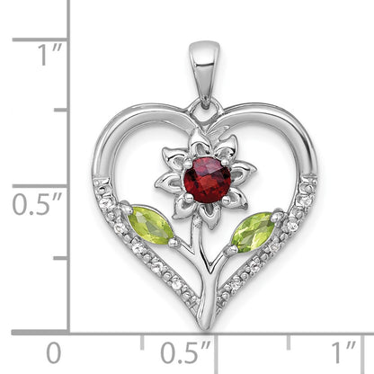 Sterling Silver Rhodium-plated Polished Garnet, Peridot and White Topaz Flower in Heart Pendant