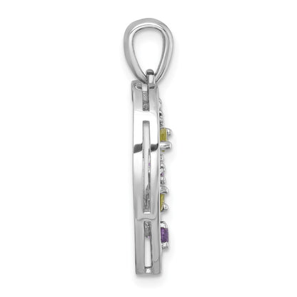 Sterling Silver Rhodium-plated Polished Amethyst and Peridot Flowers in Heart Pendant