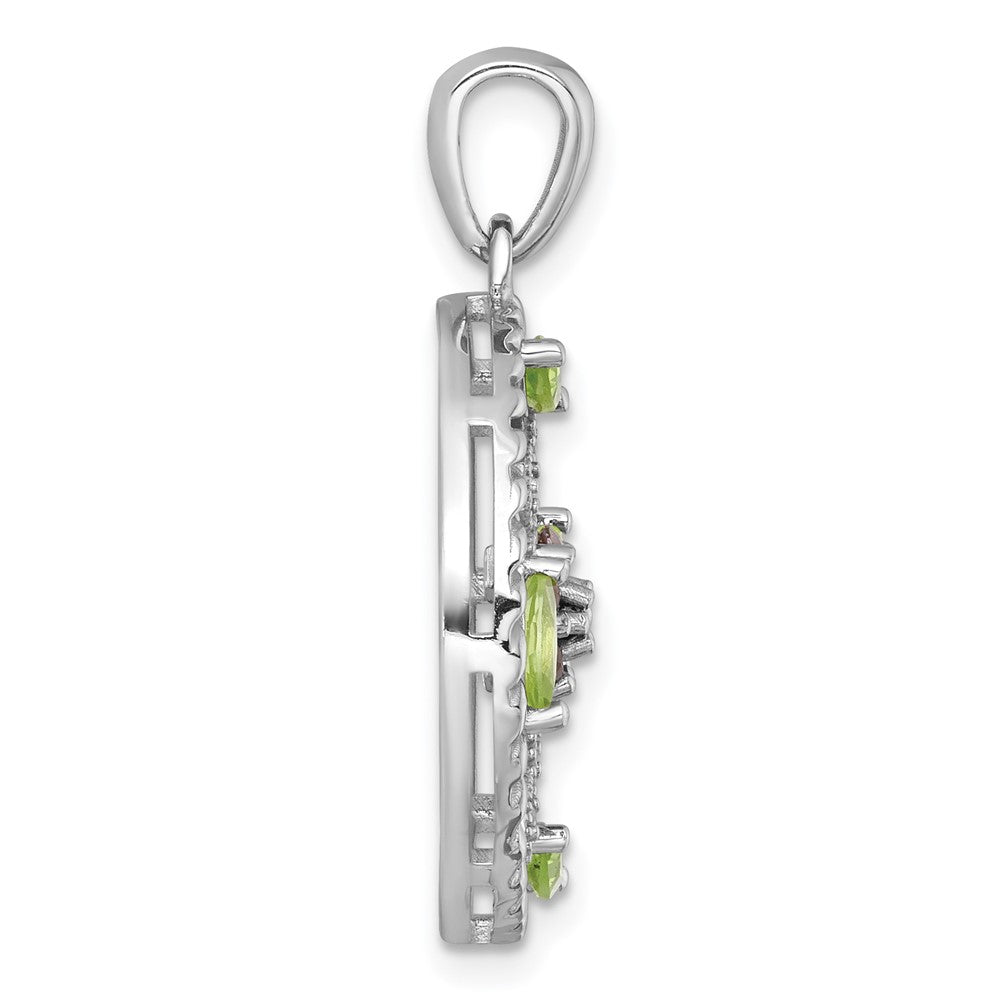 Sterling Silver Rhodium-plated Polished Garnet, Peridot and White Topaz Floral Twisted Circle Pendant