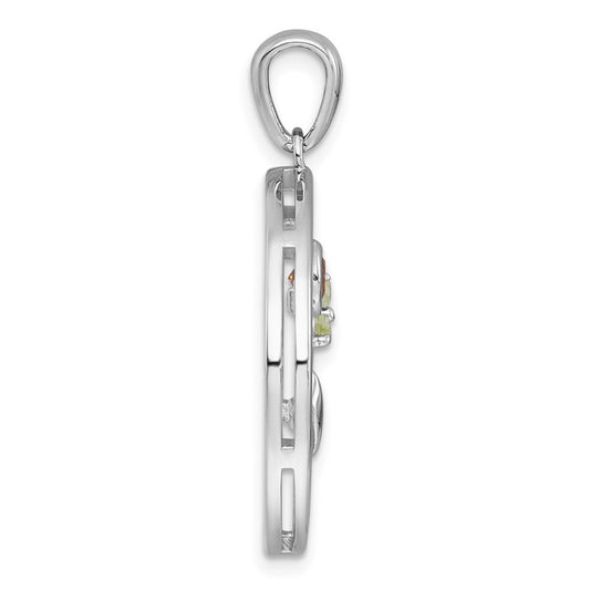 Sterling Silver Rhodium-plated Polished and Grooved Citrine and Peridot Beach Scene Circle Pendant