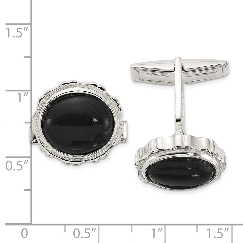Sterling Silver Polished Round with Textured Sides Onyx Cuff Links